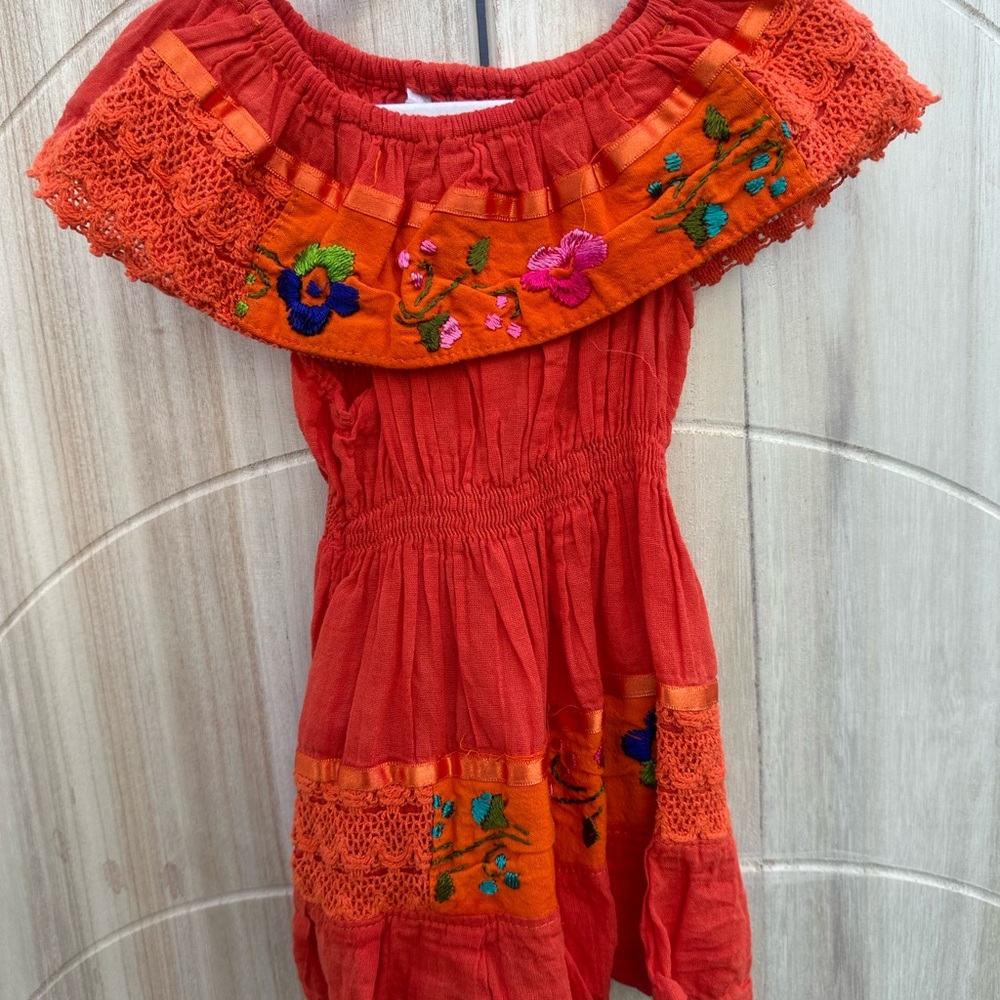 Vibrant Orange Off-Shoulder Dress with Floral Embroidery